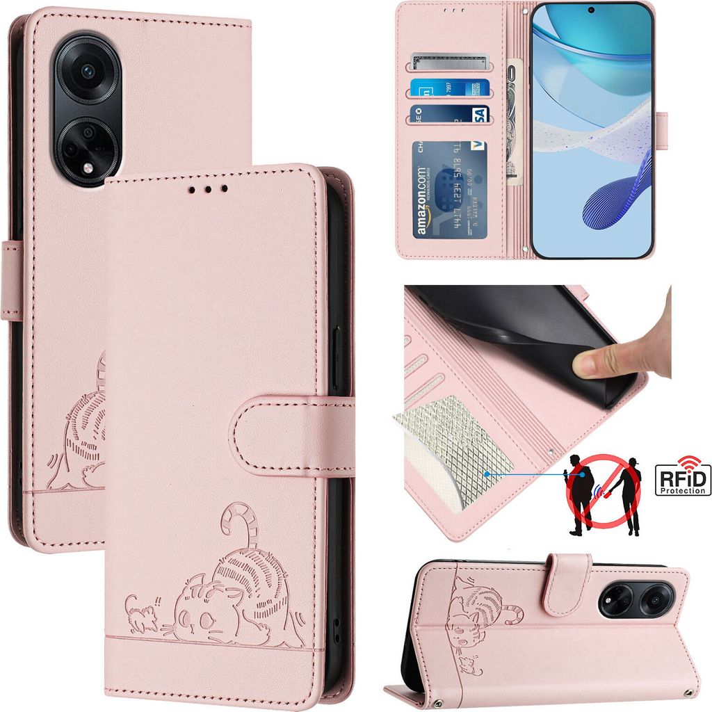 Leder Hülle für Oppo A98 5G Süße Katze Flip Case Brieftasche Schutzhülle mit Standfunktion Pink