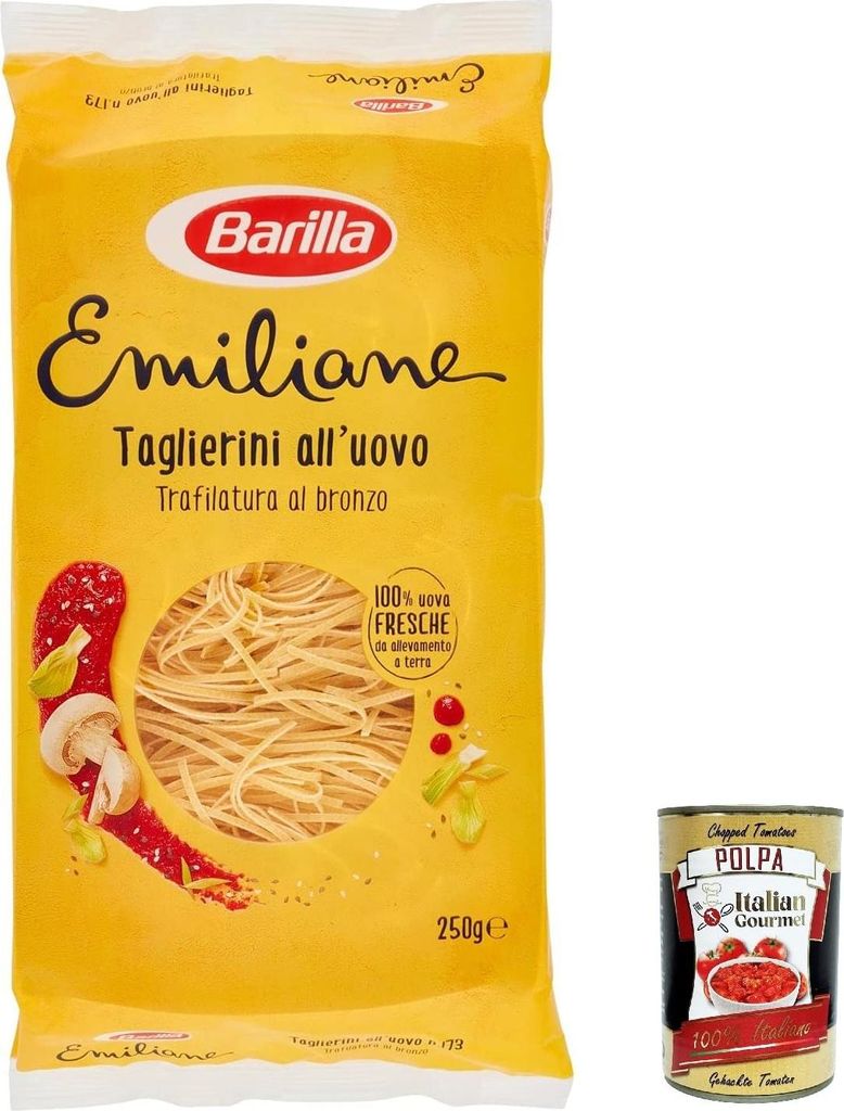 12x Barilla Pasta all' Uovo Le Emiliane Taglierini, Eiernudeln, Pasta mit Ei 250g + Italian Gourmet polpa 400g