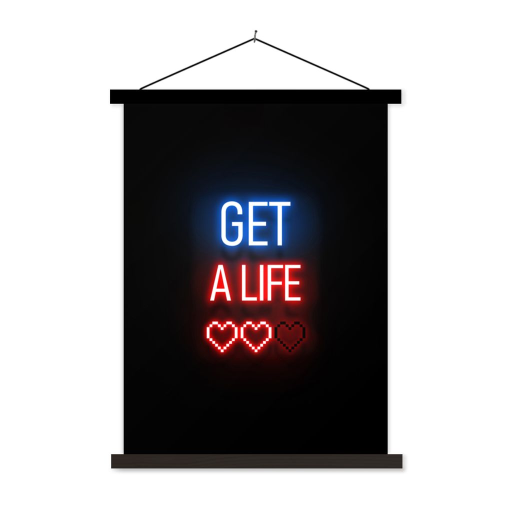 MuchoWow Textilposter Spiele - Text - Get a life - Neon - Schwarz 60x80 cm mit schwarzem Rahmen - Plakathalter