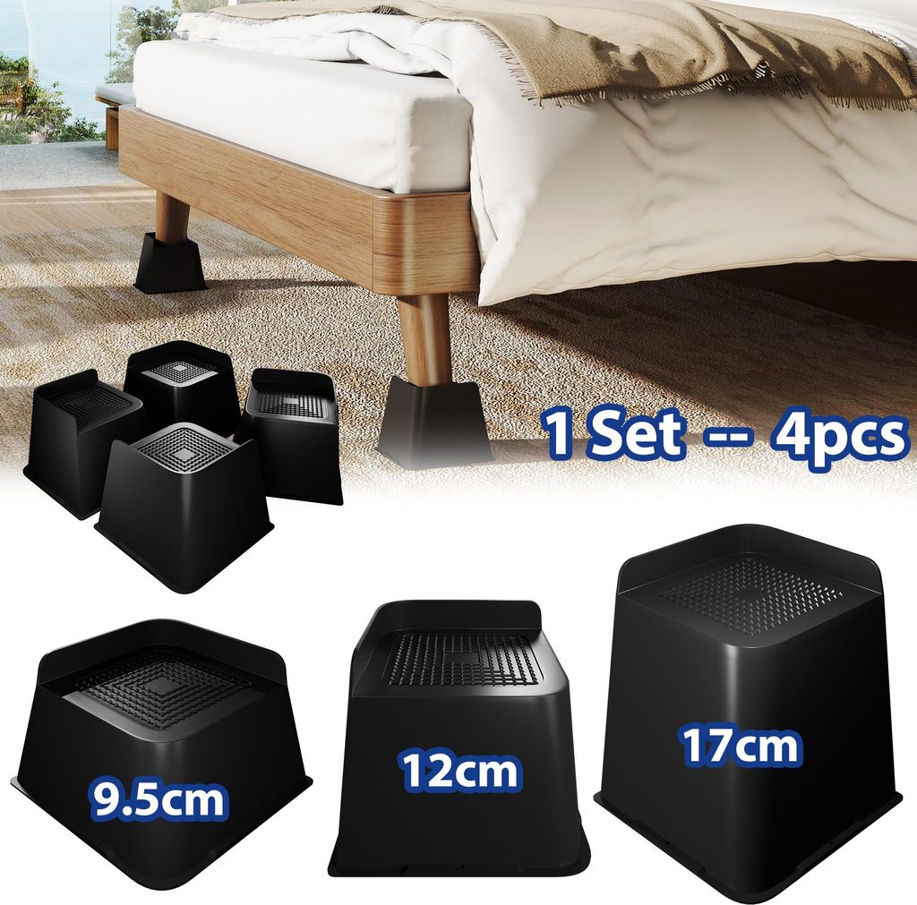 A collage of images showing black bed risers and a bed frame with risers underneath.