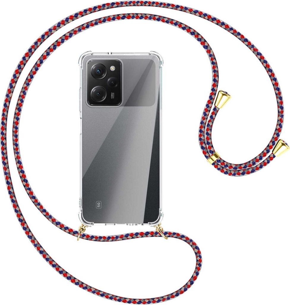 Handykette Backcover-Schutzhülle mit Band (Metall goldfarben) für Xiaomi Poco X5 Pro (6.67'') - silber/blau/rot
