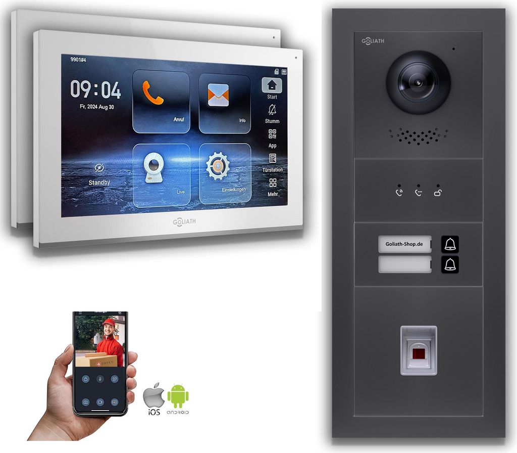 Goliath IP Video Türsprechanlage: 10-Zoll 2 Familienhaus, Fingerprint, Anzeige, Anthrazit : 10 Zoll Weiß : 4er POE : Unterputzdose Anschluss: 4e...