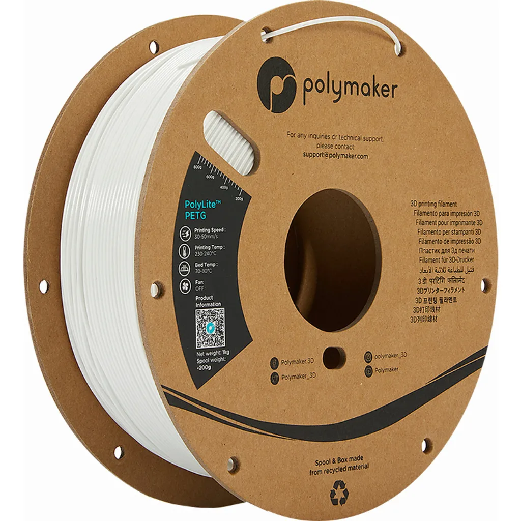 Polymaker PolyLite PETG, colore:bianco, dimensione del filamento:1,75 mm, peso:1 kg