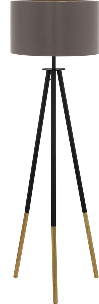 EGLO Stehlampe Bidford, Stehleuchte Vintage, Standleuchte aus Holz, Stahl und Textil, Wohnzimmerlampe in Dunkelbraun, Lampe mit Tritt-Schalter, E27