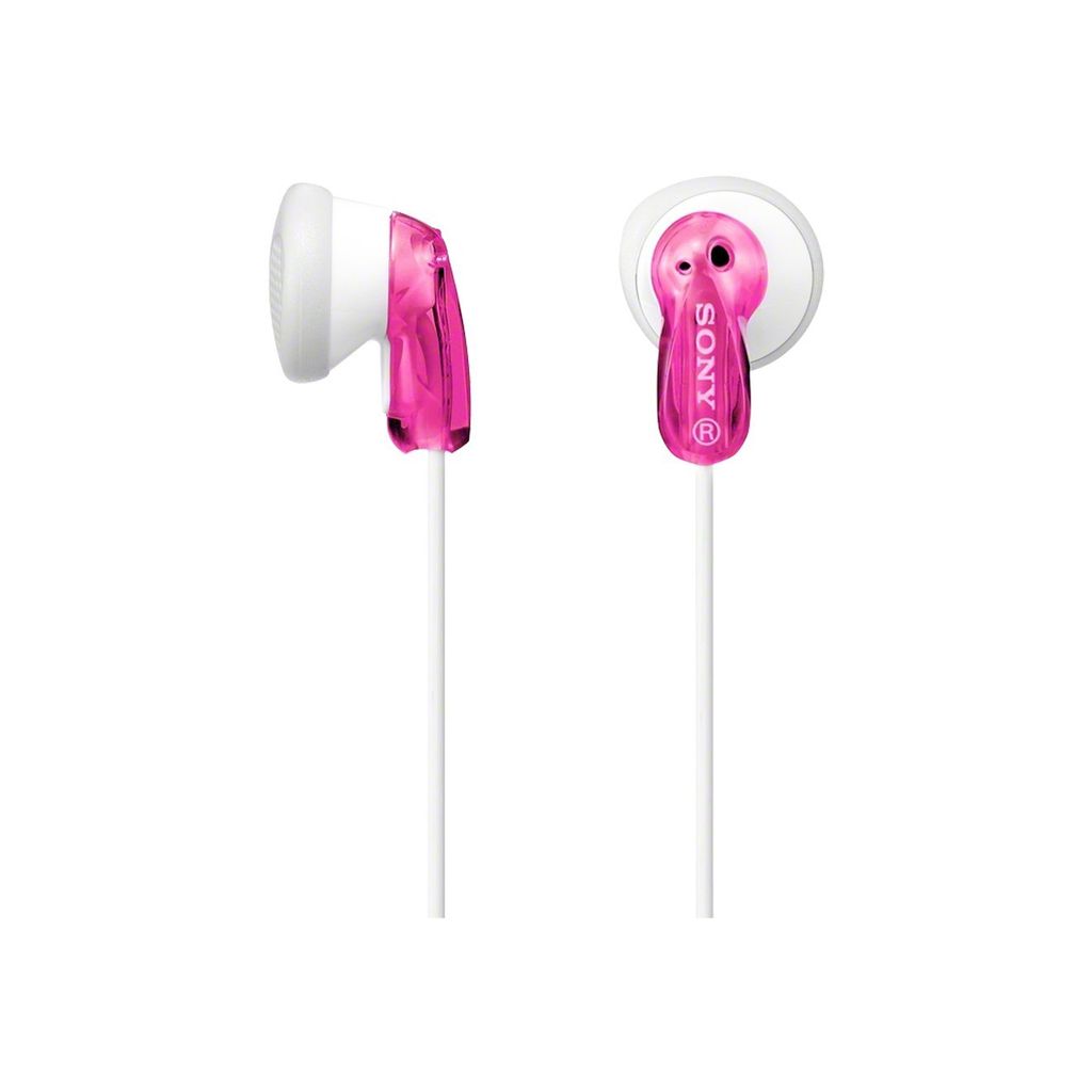 A pair of pink and white Sony in-ear headphones are shown against a white background.