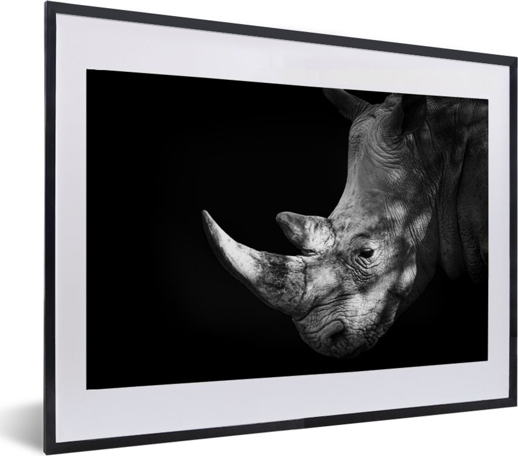 MuchoWow MuchoWow Gerahmtes Poster Rhinozeros auf schwarzem Hintergrund 60x40 cm - Poster mit zchwarzem Bilderrahmen - Schlafzimmer - Plakat in...