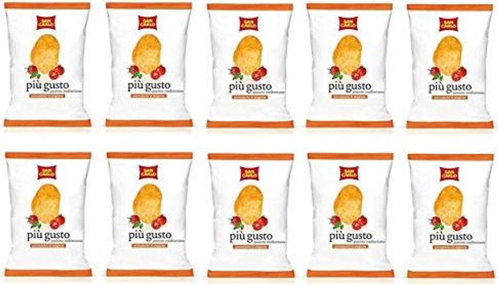 A grid of ten bags of San Carlo potato chips.
