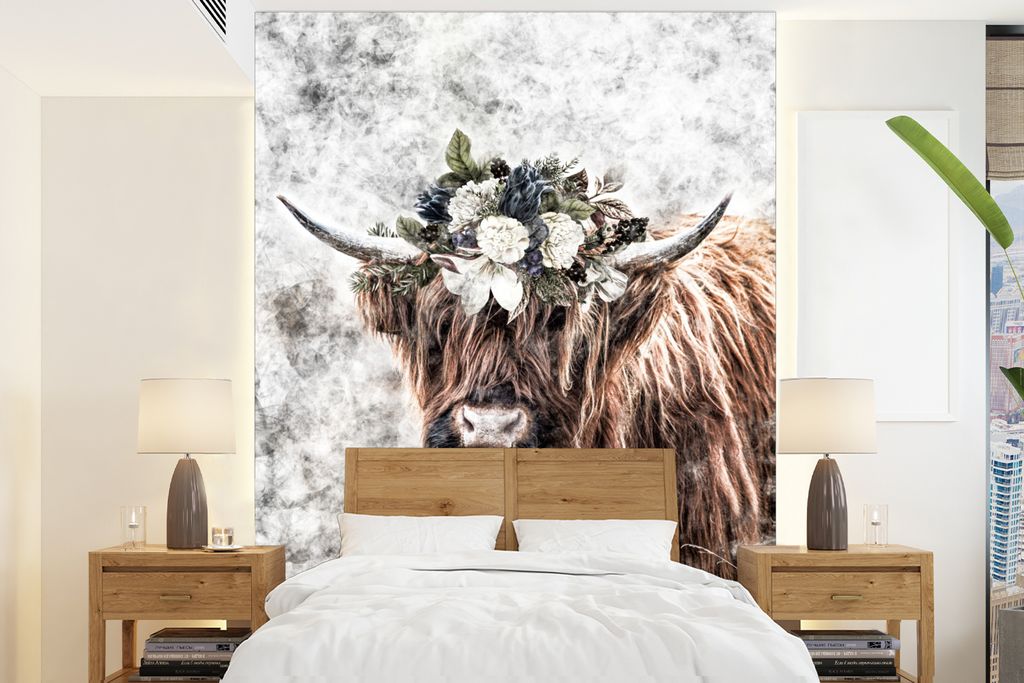 MuchoWow Fototapete für Wohnzimmer oder Schlafzimmer Wandtapete Vinyl Motivtapete Schottischer Highlander - Marmor - Blumen - 175x240 cm - Schla...