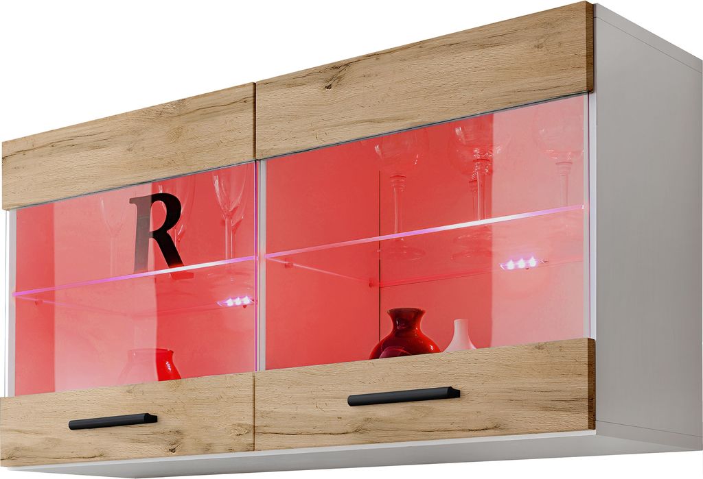 Komodee | Vitrine Schrank mit 2 Türen Savona, Korpus Weiß Matt Frontfarbe Wotan Matt, LED RGB