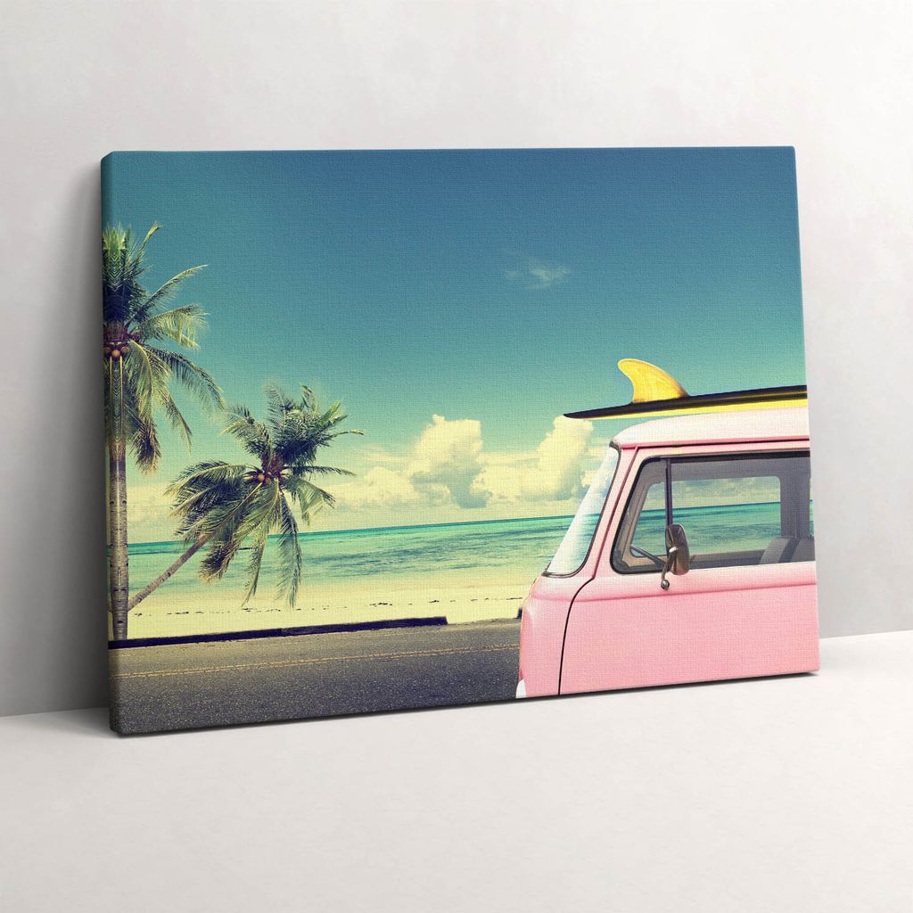 Auto mit Surfbrett – Leinwandbild Wandbild – 80x60 cm – Leinwandbilder – Wandbilder – Schlafzimmer – Flur