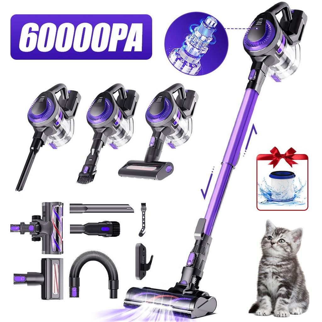 A collage of a cordless vacuum cleaner and its accessories, presented with promotional text and graphics.