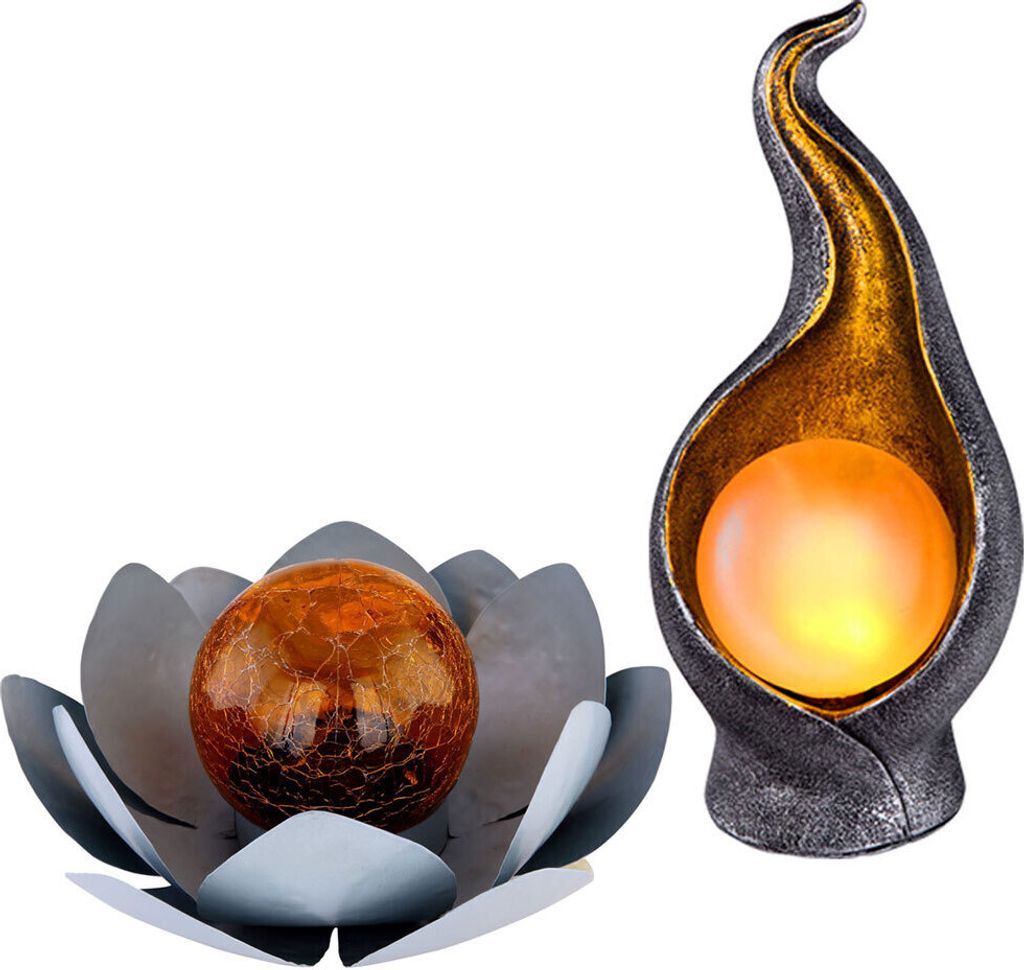2er Set LED Solarleuchten in Flammen- und Lotosblumen Design