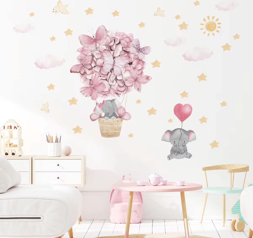 Wandsticker Kinder Tier Dekoration(Elefant, Ballon, Sterne, Wolken mit Sonne Wandaufkleber), Wandtattoo mit Waldtieren für Schlafzimmer,Kinderzimmer