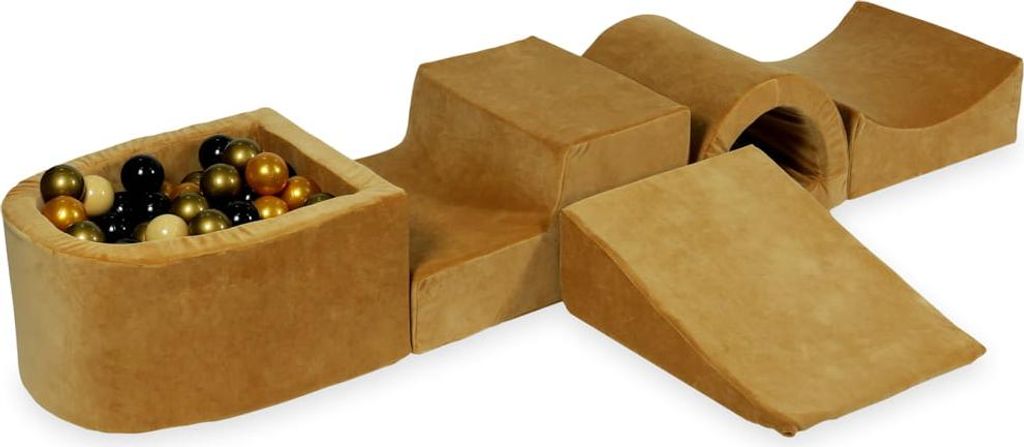 Schaumstoffspielplatz mit Brücke und Pool Micro Velvet Soft Karamell + 100 Bälle: Beige, Altgold, Gold, Schwarz
