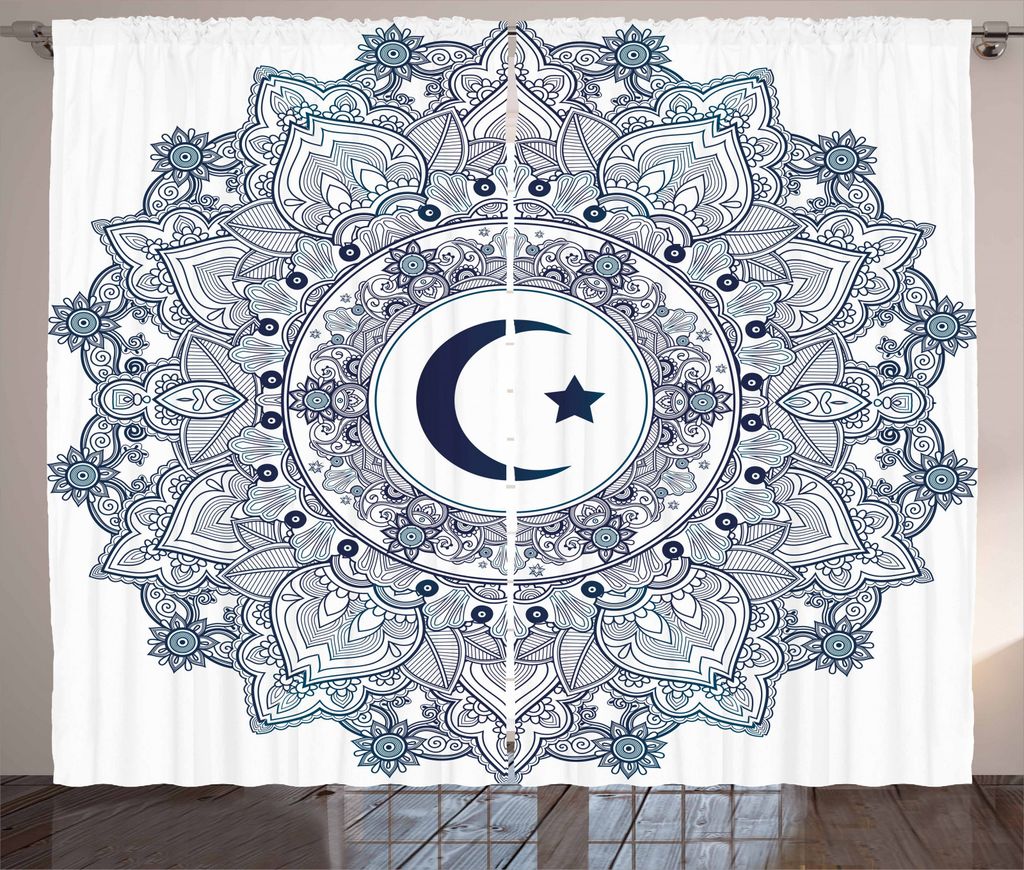 ABAKUHAUS Mond Rustikaler Gardine, Kreis bilden, Schlafzimmer Kräuselband Vorhang mit Schlaufen und Haken, 280 x 245 cm, Dunkelblau Weiß Teal