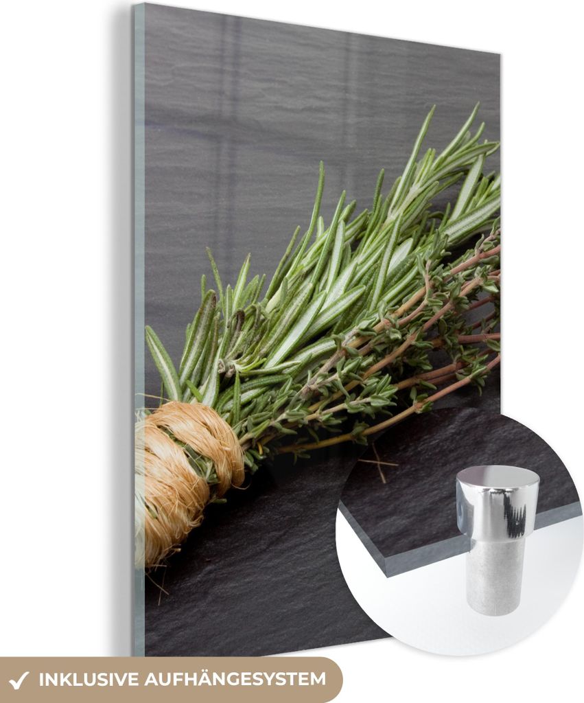MuchoWow Glasbilder - Bilder auf Wandbild - Foto auf Glas Thymian - Kräuter - Grün - Tisch - Küche - Stein 30x40 cm Wanddekoration aus Glas - Ac...