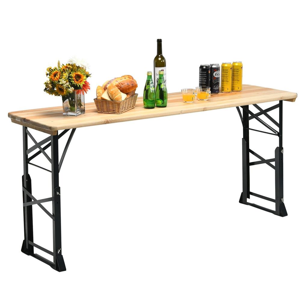 GOPLUS Bierzelttisch Höhenverstellbar, 168,5 cm Biertisch aus Holz, mit Schirmloch, Partytisch, Pickniktisch, Klapptisch, Nautur & Schwarz