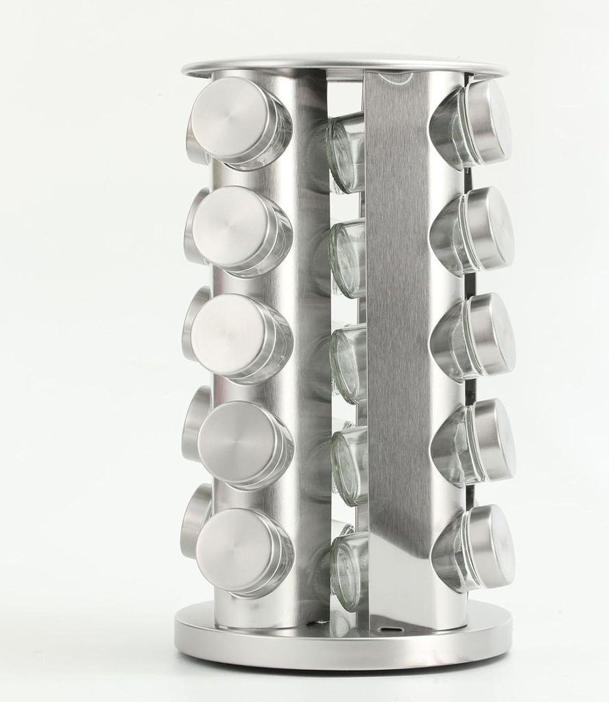Drehbares Gewürzregal-Set mit 20 Gewürzgläsern - Küchen-Gewürzturm-Organizer für Arbeitsplatte oder Schrank (Edelstahl)