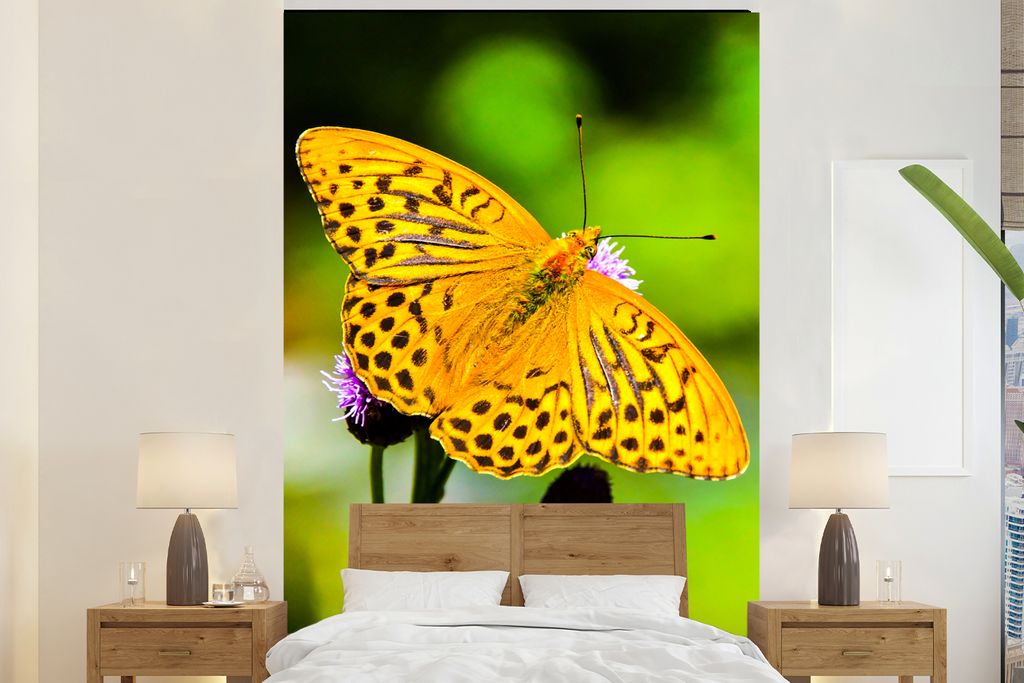 MuchoWow Fototapete für Wohnzimmer oder Schlafzimmer Wandtapete Vinyl Motivtapete Schmetterling - Tiger - Blume - 180x280 cm - Wallpaper