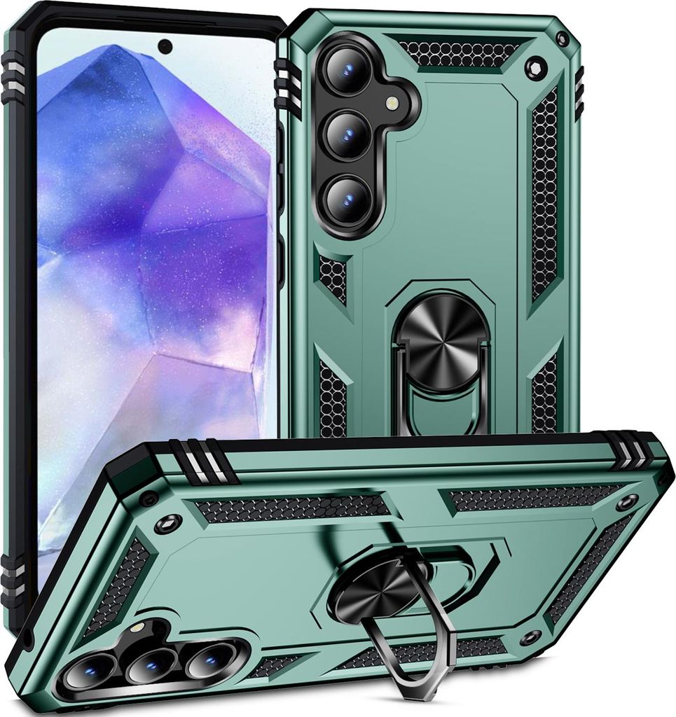 Schutzhülle für Samsung Galaxy A55 Dual Layer Robust Militäre Fallschutz Hülle mit Ringhalterung Ständer Grün