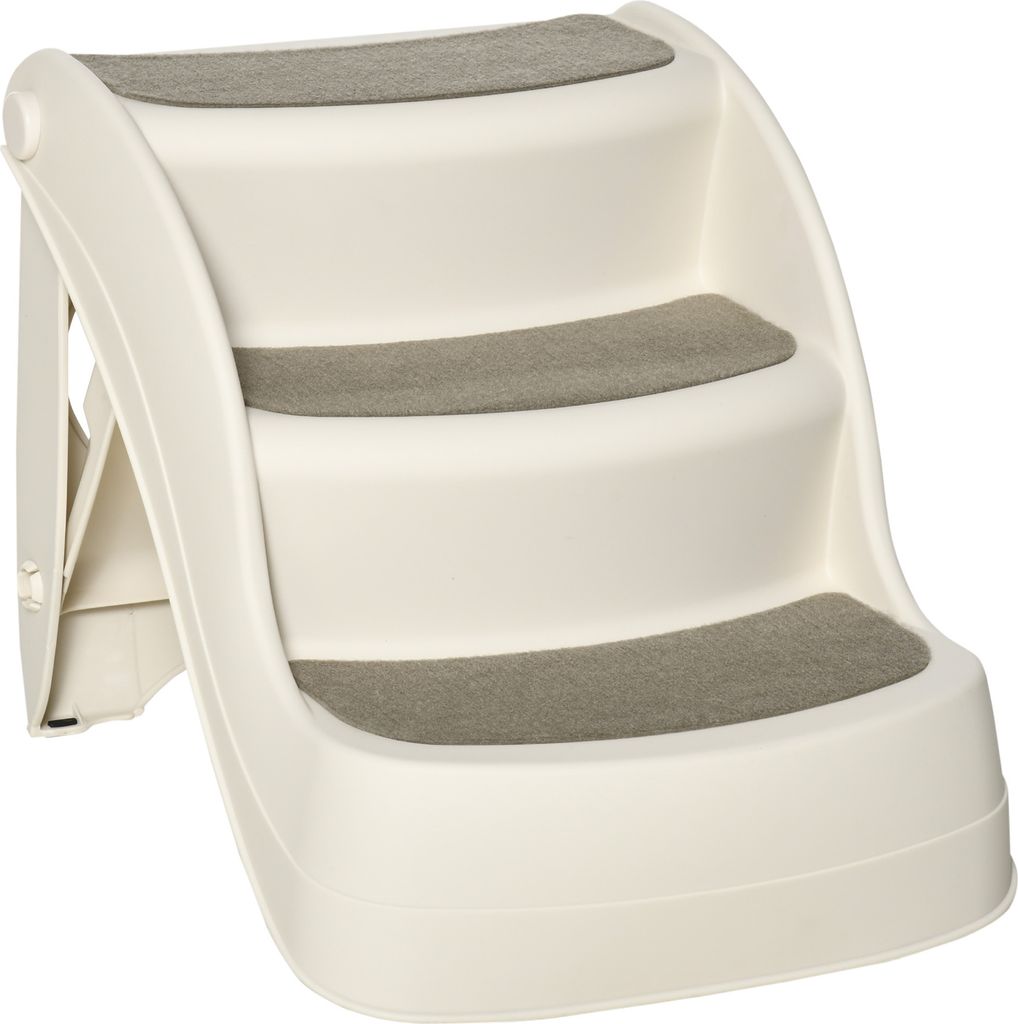 PawHut 3-Stufen-Hundetreppe, faltbare Kunststoff-Haustierstufe mit rutschfesten Matten für Bett, Sofa, Belastung 15 kg, 49 x 38 x 38 cm, Creme