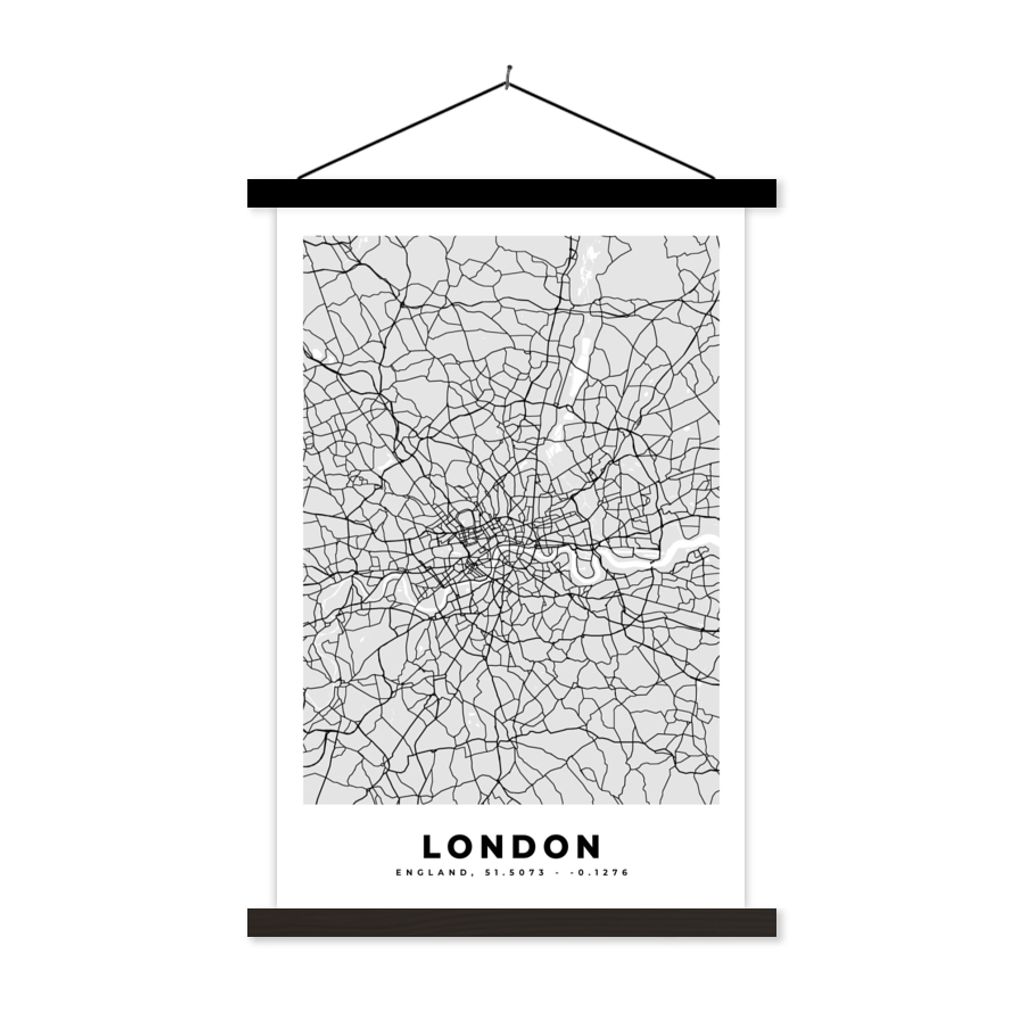 MuchoWow Textilposter London - Stadtplan - Schwarz und Weiß - Karte 120x180 cm mit schwarzem Rahmen - Fotos