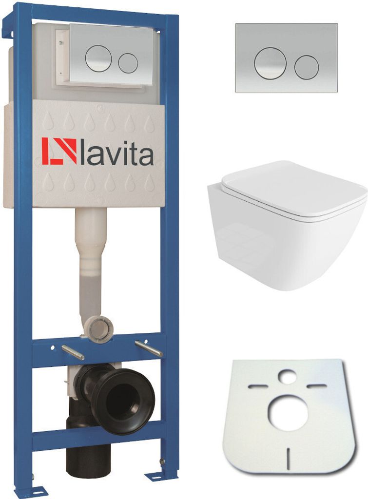 Domino Lavita Vorwandelement inkl. Drückerplatte + Wand WC LINO ohne Spülrand + WC-Sitz mit Soft-Close-Absenkautomatik (Drückerplatte OC)