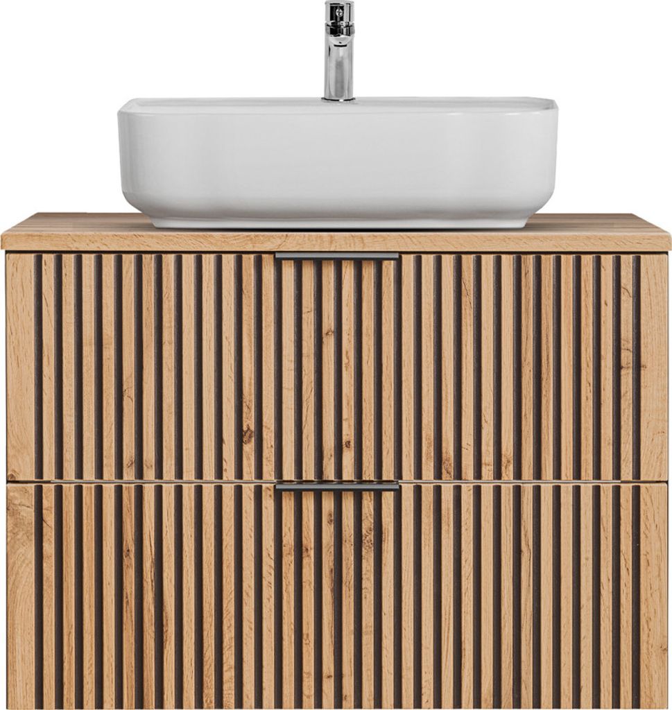 Waschtisch Badezimmer Unterschrank 80 cm mit Keramik Aufsatzwaschbecken XANTEN-56 in anthrazit mit Eiche Nb. schwarz gerillt, B/H/T: ca. 80,6/73,2/...