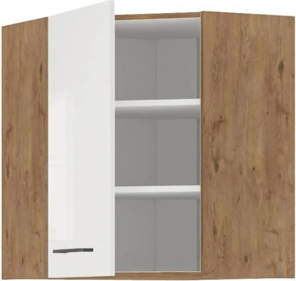 Meuble d'angle haut ROCK chêne et blanc brillant - Rangement 58x58 cm