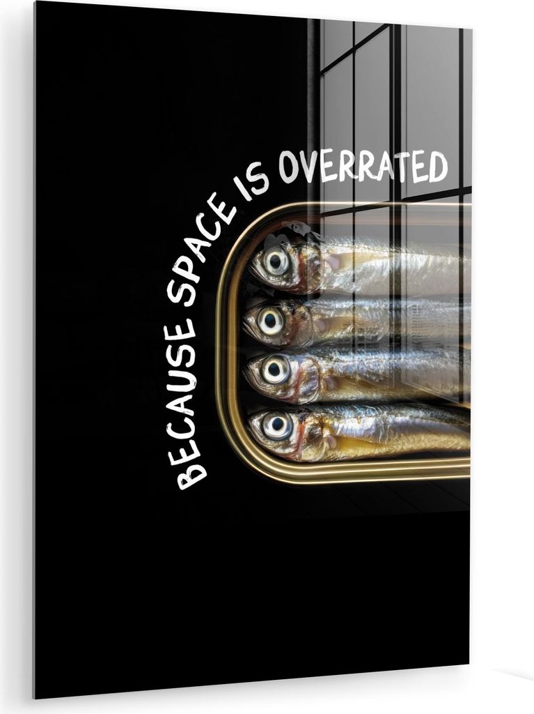 MuchoWow Glasbilder - Bilder auf Wandbild - Foto auf Glas Sardinen - Text - Fisch - Konserven 30x40 cm Wanddekoration aus Glas - Acrylglasbild - Ac...