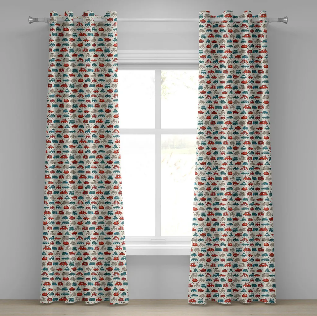 ABAKUHAUS Tenda con occhielli per auto, simpatici giochi per bambini in stile infantile con tanti veicoli diversi, tende decorative a 2 pannelli, 280 cm x 245 cm, verde acqua scarlatto marrone chiaro