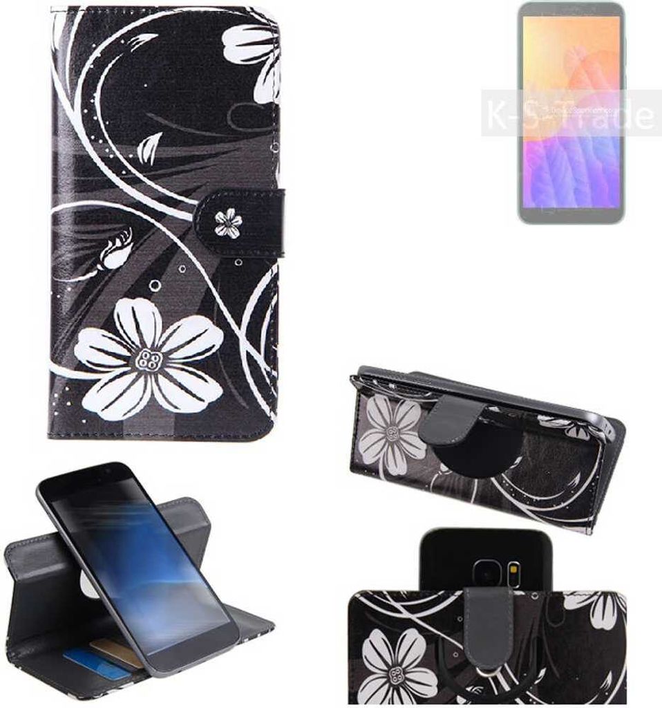 K-S-Trade Schutzhülle Handyhülle kompatibel mit Huawei Y5p Hülle 360° Wallet Case ''Flowers'' Klapphülle Hülle schwarz-weiß 1x