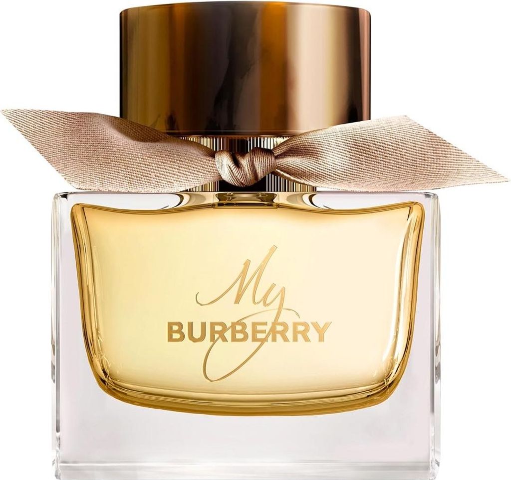 A close-up studio shot of a Burberry My Burberry eau de Parfum bottle.
