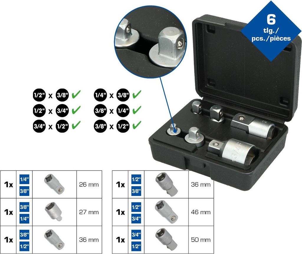 Zestaw adapterów, 6-częściowy, reduktory 1/4" + 3/8" + 1/2" Zdjęcie produktu 