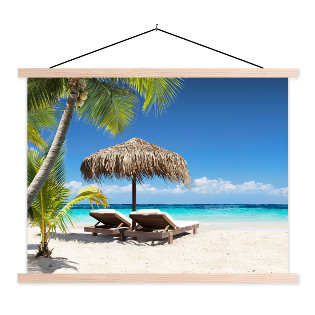 MuchoWow Textilposter Strand - Sonnenschirm - Meer 40x30 cm mit holzfarbenen Rahmen - Bilder