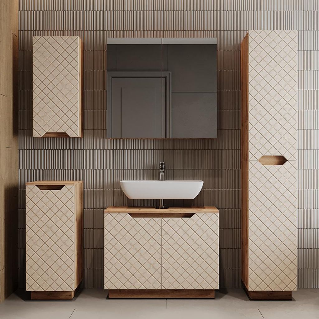 Vicco Badmöbel-Set Lotta, 5 Teile, Eiche/Kaschmir mit Kachelstruktur