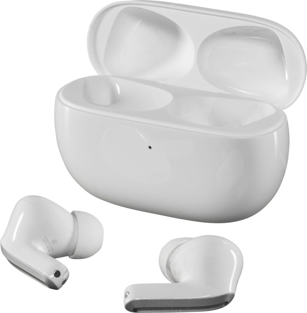 A pair of white wireless earbuds and their charging case are displayed against a white background.