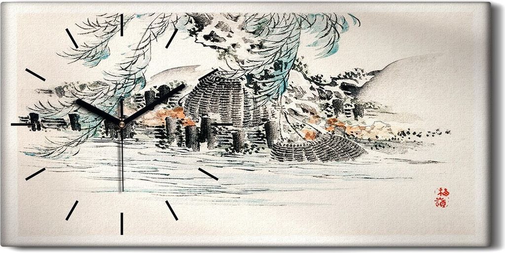 Wandbild Leinwand Bilder mit Uhr 60x30 Malerei Asiatische Abstrakt Baum Wasser - schwarze Hände