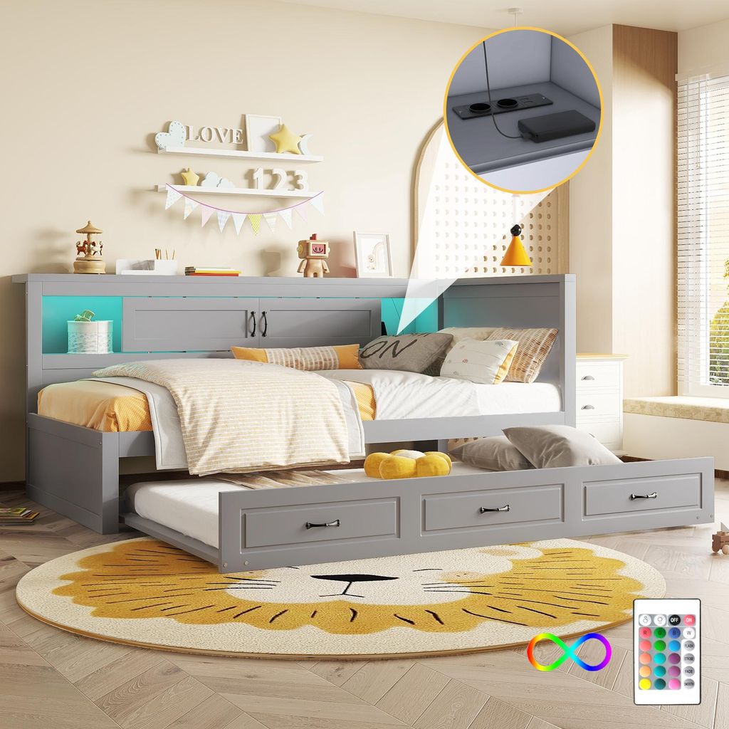 Multifunktionales Schlafsofa mit ausziehbarem Gästebett, LED-Beleuchtung, integriertem Stauraum, Steckdose+USB, 90x200cm