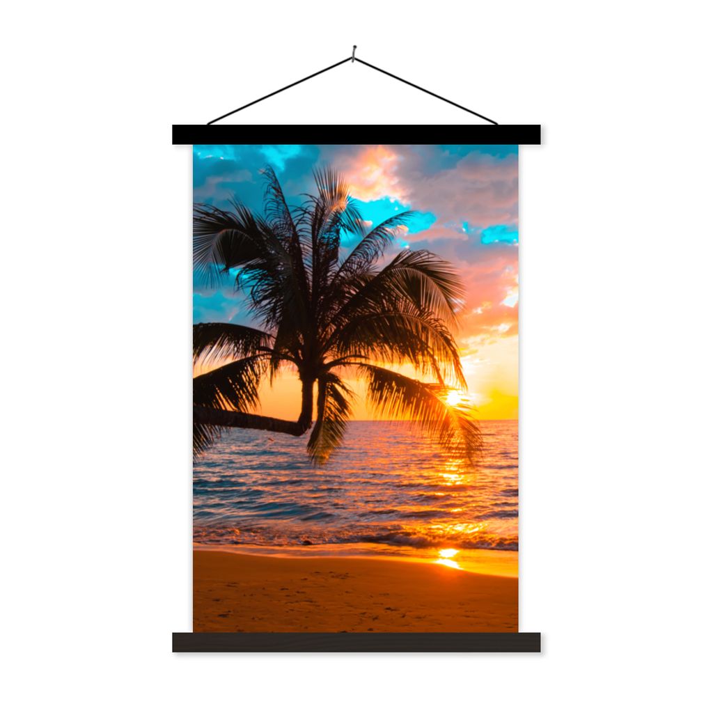 MuchoWow Textilposter Palme - Sonnenuntergang - Horizont - Strand - Meer - Tropisch 40x60 cm mit schwarzem Rahmen - Wanddekorationen