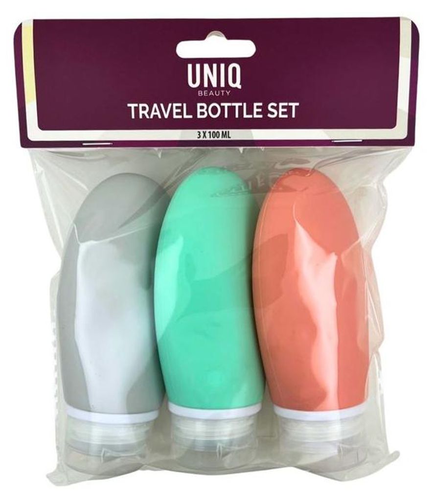 UNIQ Compact Travel Bottle Set 100 ml - 3 wiederverwendbare und zusammendrückbare Kunststoffbehälter für Toilettenartikel