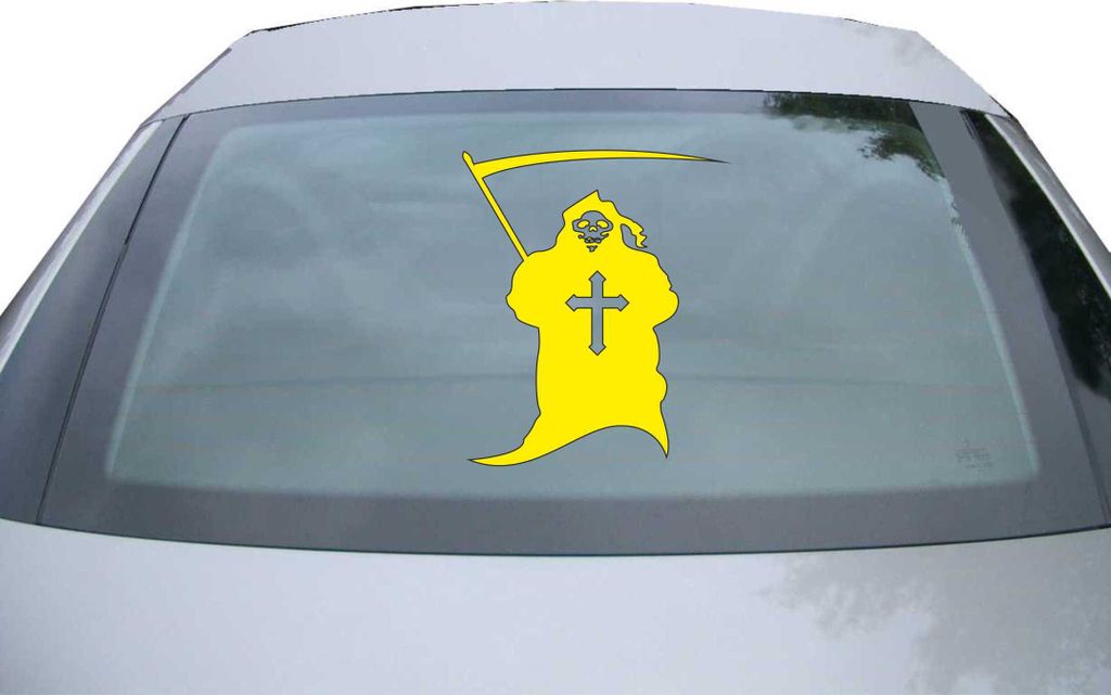 Indigos UG - Aufkleber Heckscheibe & Motorklappe DE6998 - gelb - 600x490 mm - Sensenmann Totenkopf Skull Comic Tod Death Grusel - Auto Scheiben Fen...