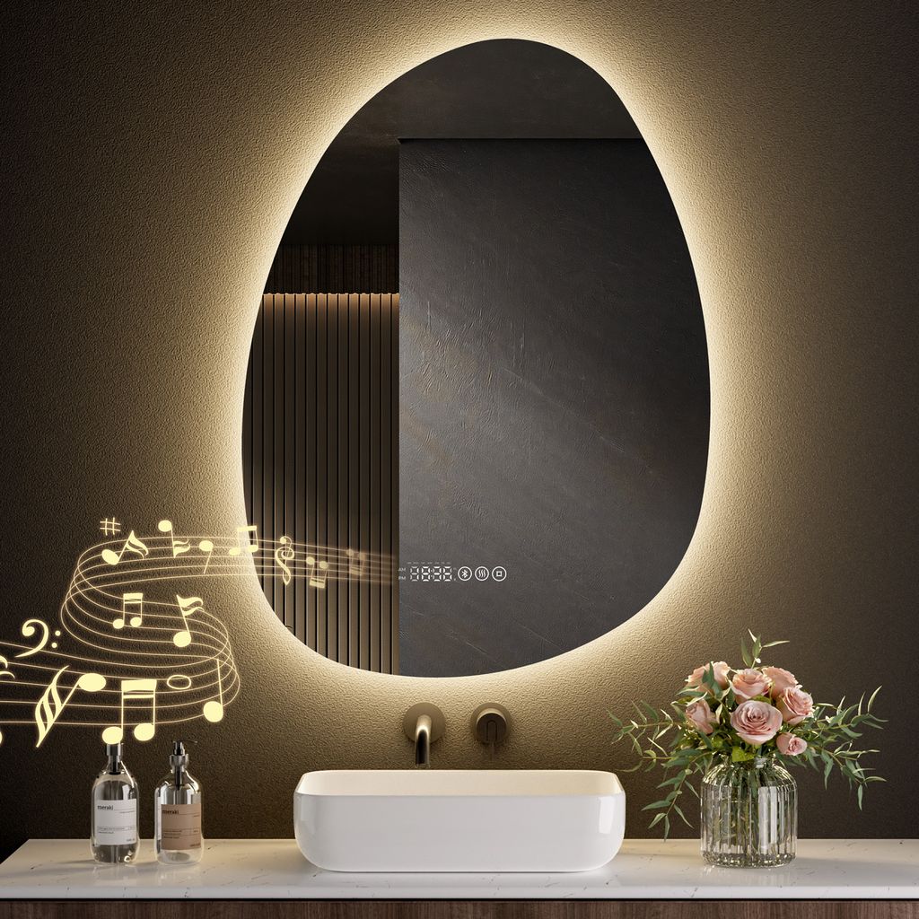 S'AFIELINA 75 x 55 cm Badspiegel mit Beleuchtung Asymmetrisch mit 3 Lichtfarben dimmbar, beschlagfrei, Bluetooth, Uhr, Temperatur, Speicherfunktion