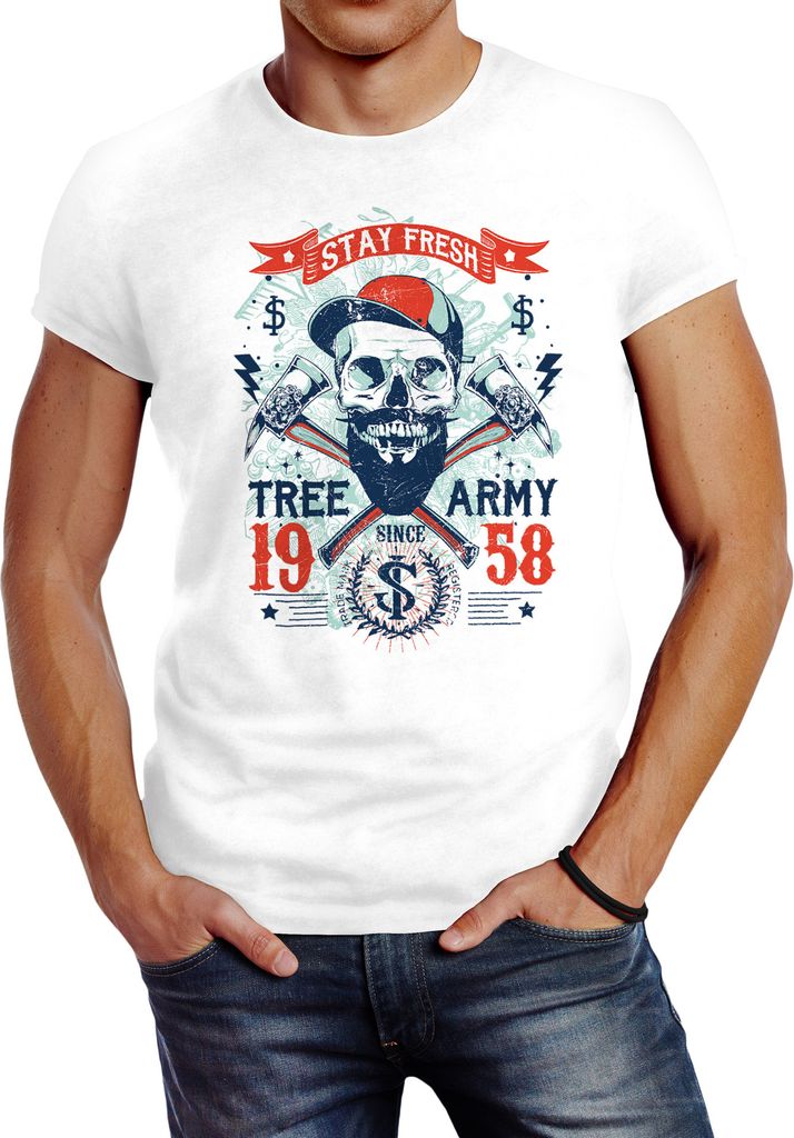 Herren T-Shirt Hipster modern Lumberjack Stay fresh Skull Totenkopf Neverless weiß XS