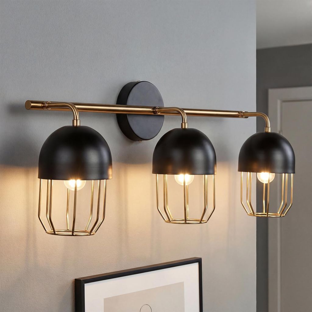 Wandleuchte Metall 3x E14 B: 67 cm lang Schwarz Gold Wandlampe Wohnzimmer