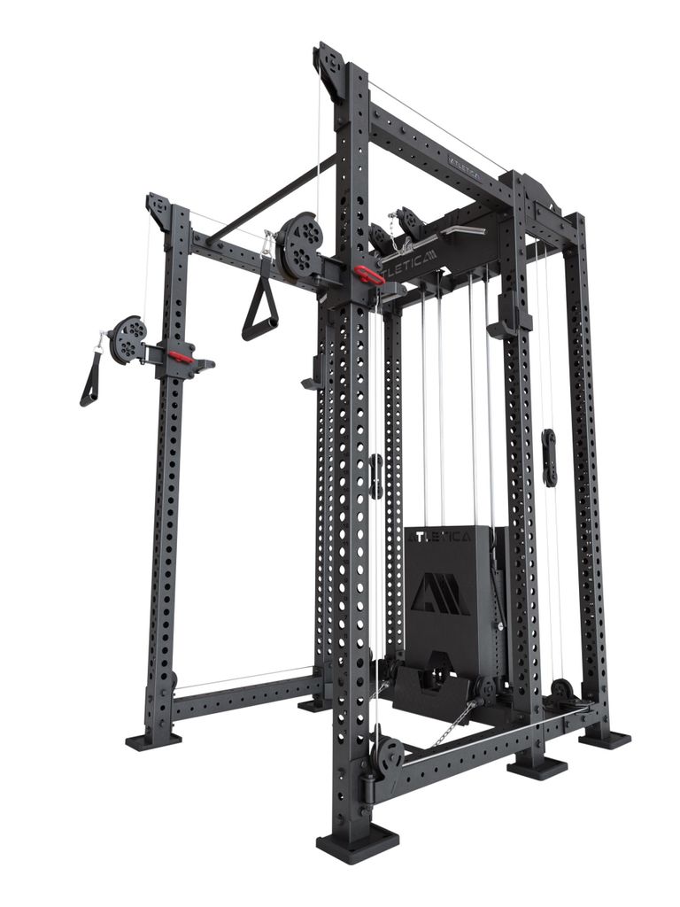 ATLETICA R8 Alpha | Power Rack | Squat Rack & Kabelzug | 180kg Steckgewichte für Cable Cross, Latzug, Rudern | Klimmzugstange, J-Hooks | Schwarz