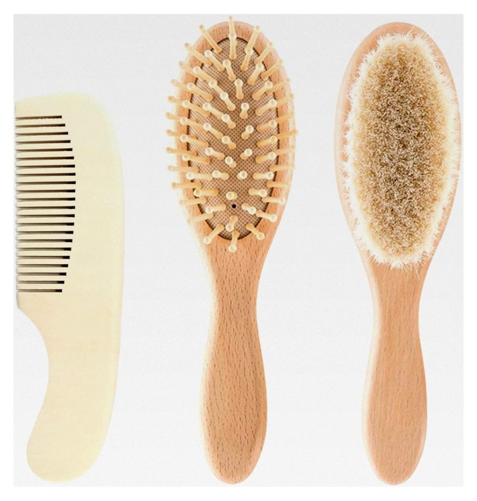 Set aus 3 Haarbürsten und Kämmen, Haarbürste mit Holzgriff und weichen Borsten, Naturholz-Haarbürste mit Ziegenborsten