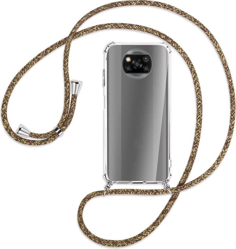 Handykette Backcover-Schutzhülle mit Band (Metall silberfarben) für Xiaomi Poco X3 NFC - braun+beige