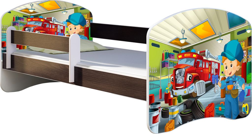 ACMA Jugendbett Kinderbett Junior-Bett Komplett-Set mit Matratze Lattenrost und Rausfallschutz Wenge 45 Mechaniker 180x80