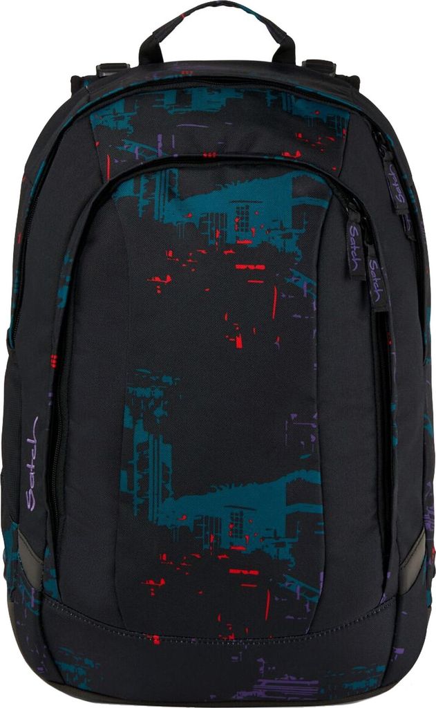 A black backpack with a colorful abstract pattern.